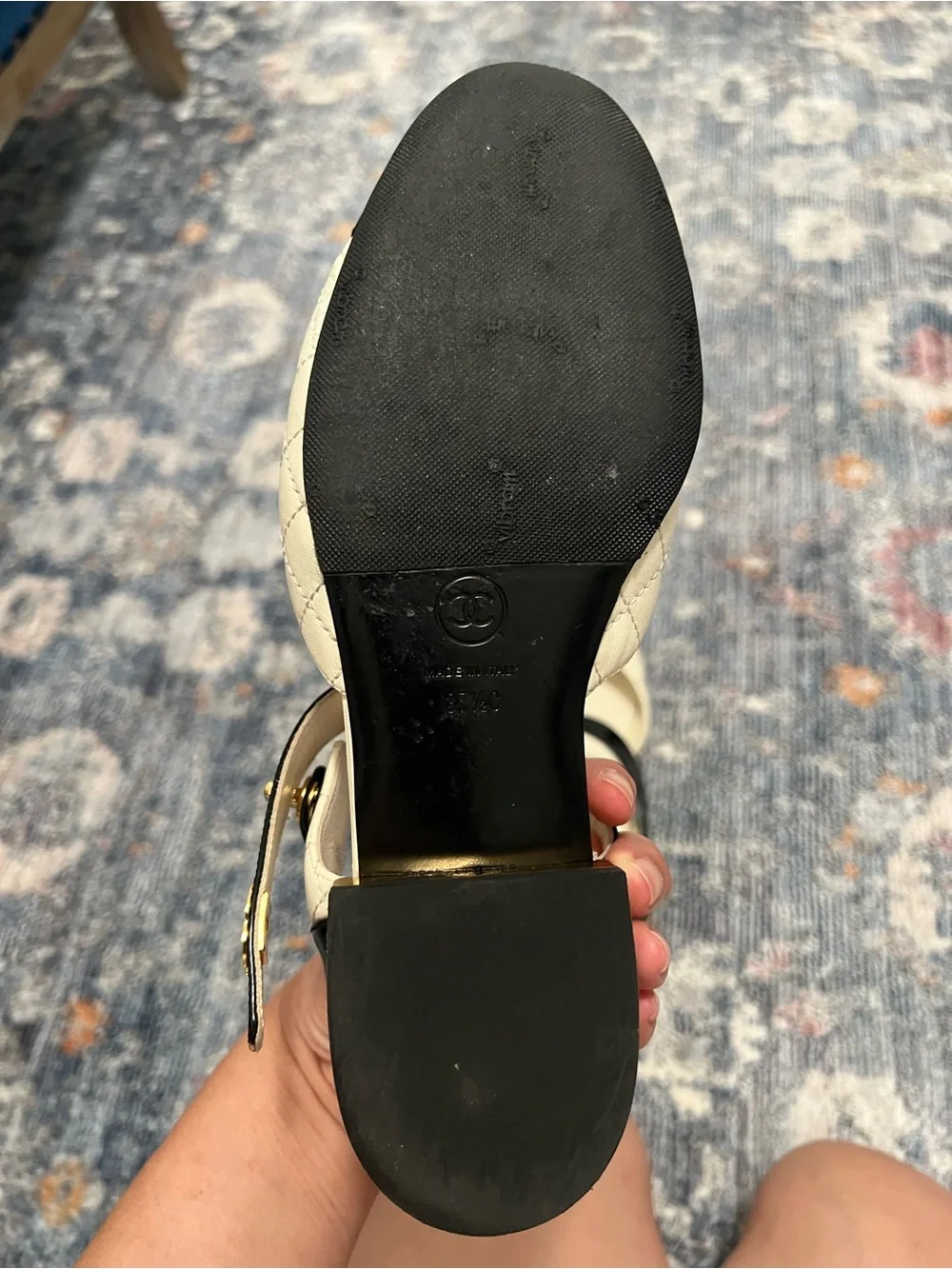 CHANEL Black & Cream Quilted Mary Jane Flats with Gold CC Hardware